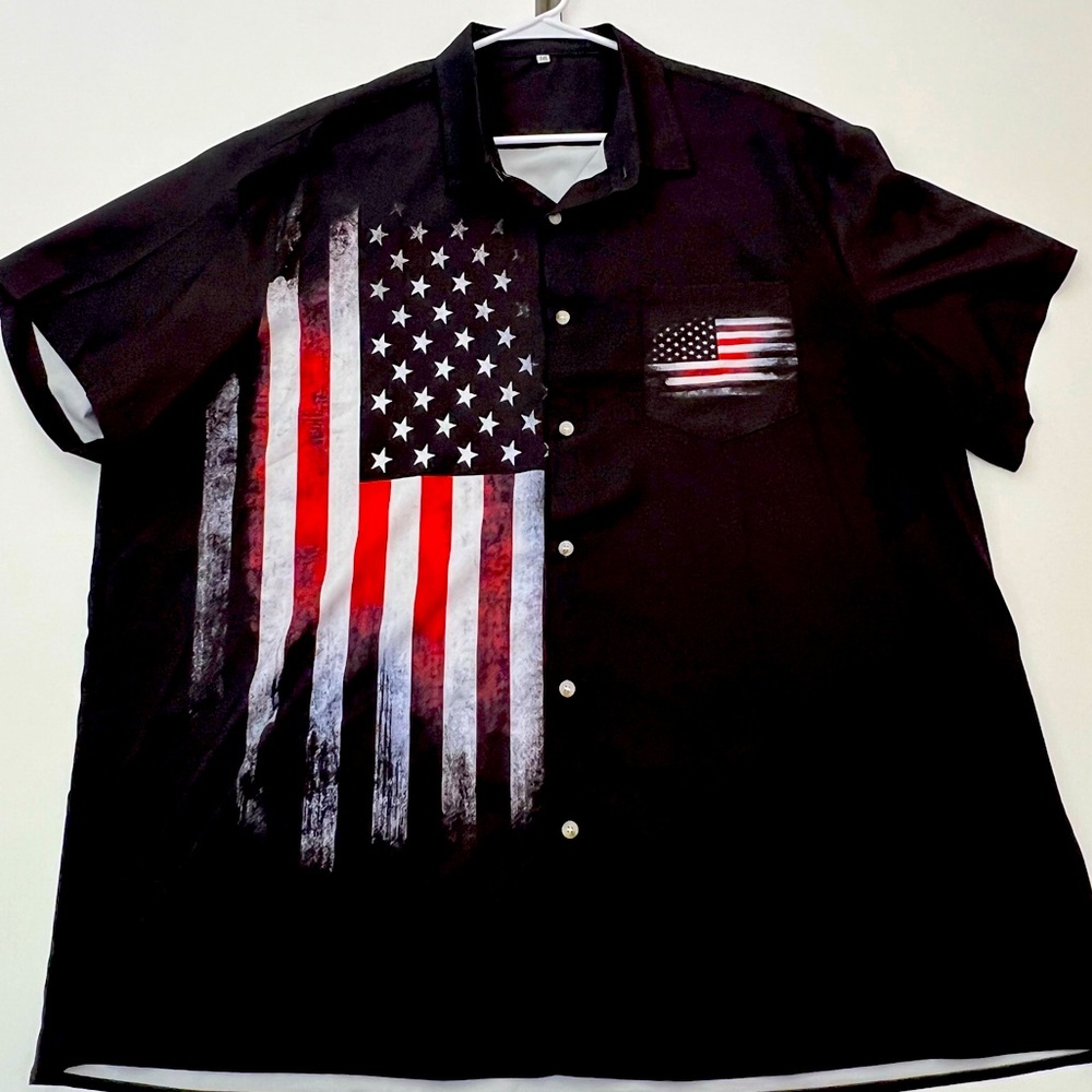 Distressed American Flag Patriotic Casual Black Button Down Dress Shirt Mens 3XL